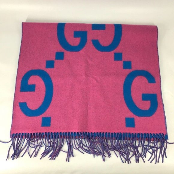 GUCCI GG Jacquard Fringe Bicolor Scarf wool pink/blue Unused - Picture 1 of 11